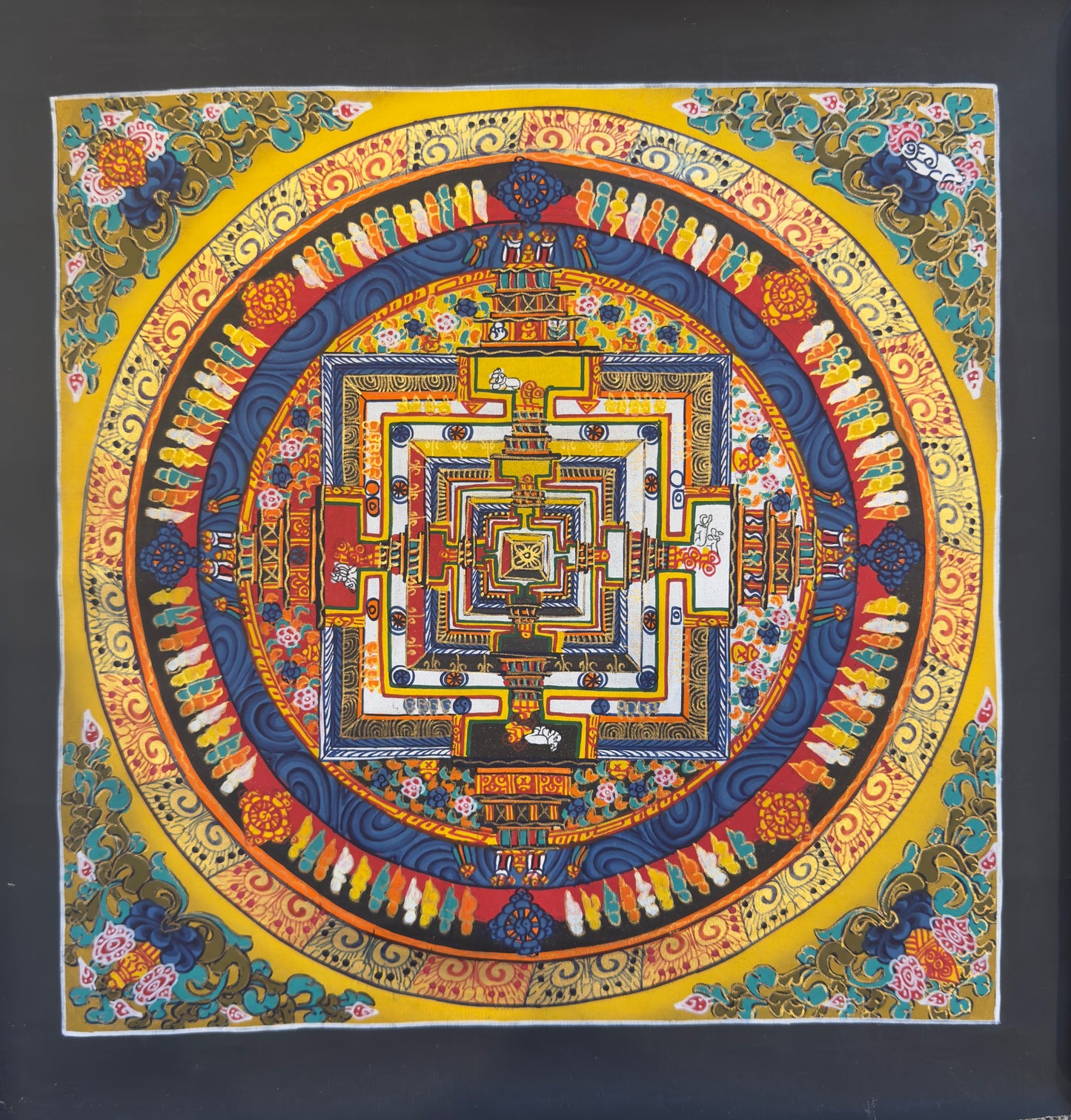 Handcrafted Thangka Painting - Kala Chakra Mandala ( Grey/Yellow ), 12"x12"