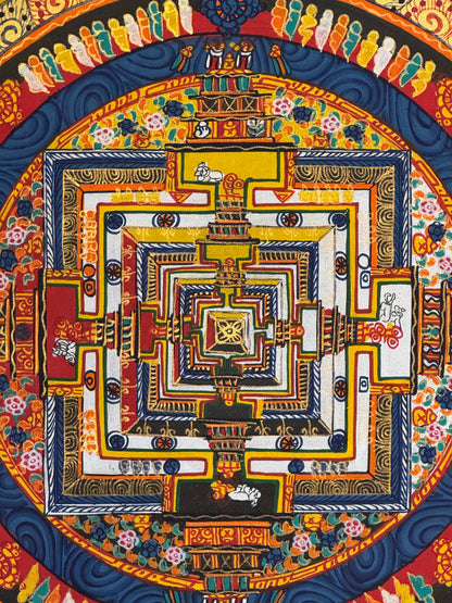 Handcrafted Thangka Painting - Kala Chakra Mandala ( Grey/Yellow ), 12"x12"