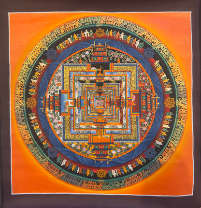 Handcrafted Thangka Painting - Kala Chakra Mandala (Brown/Orange), 13"x13"