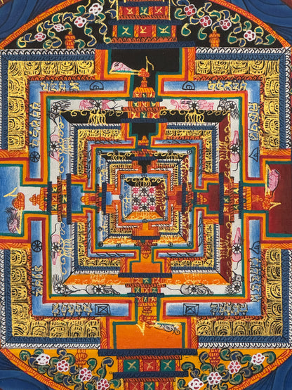 Handcrafted Thangka Painting - Kala Chakra Mandala (Brown/Orange), 13"x13"