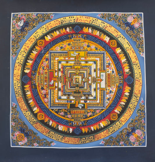 Handcrafted Thangka Painting - Kala Chakra Mandala( Blue), 13"x13"