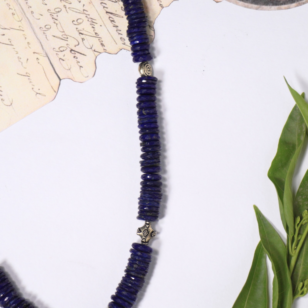 Lapis Lazuli Short Necklace with Sterling silver beads, Origin of Stone - Afghanistan