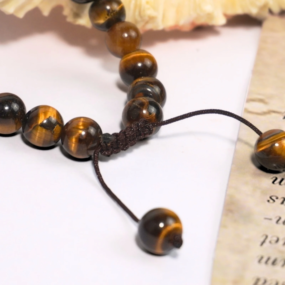 Tiger Eye 10mm beads Bracelet with Sterling Silver bead and Snake knot - Prosperity Crystal