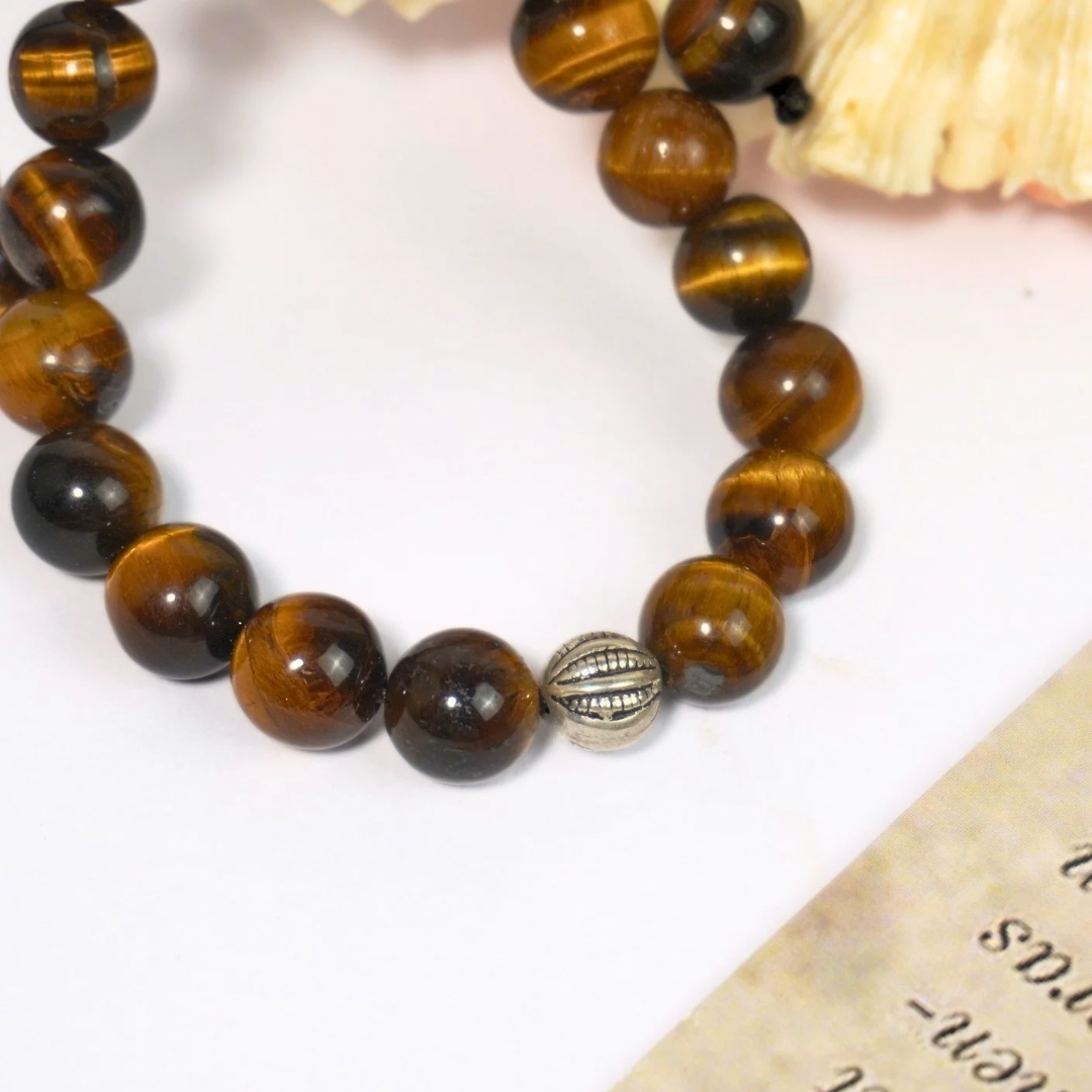 Tiger Eye 10mm beads Bracelet with Sterling Silver bead and Snake knot - Prosperity Crystal