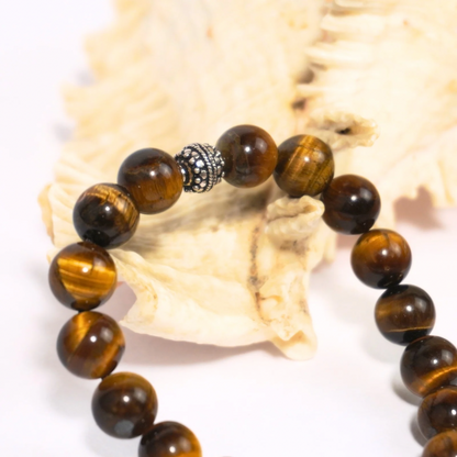 Tiger Eye 10mm beads Bracelet with Sterling Silver bead and Snake knot - Prosperity Crystal