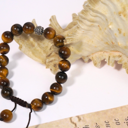 Tiger Eye 10mm beads Bracelet with Sterling Silver bead and Snake knot - Prosperity Crystal